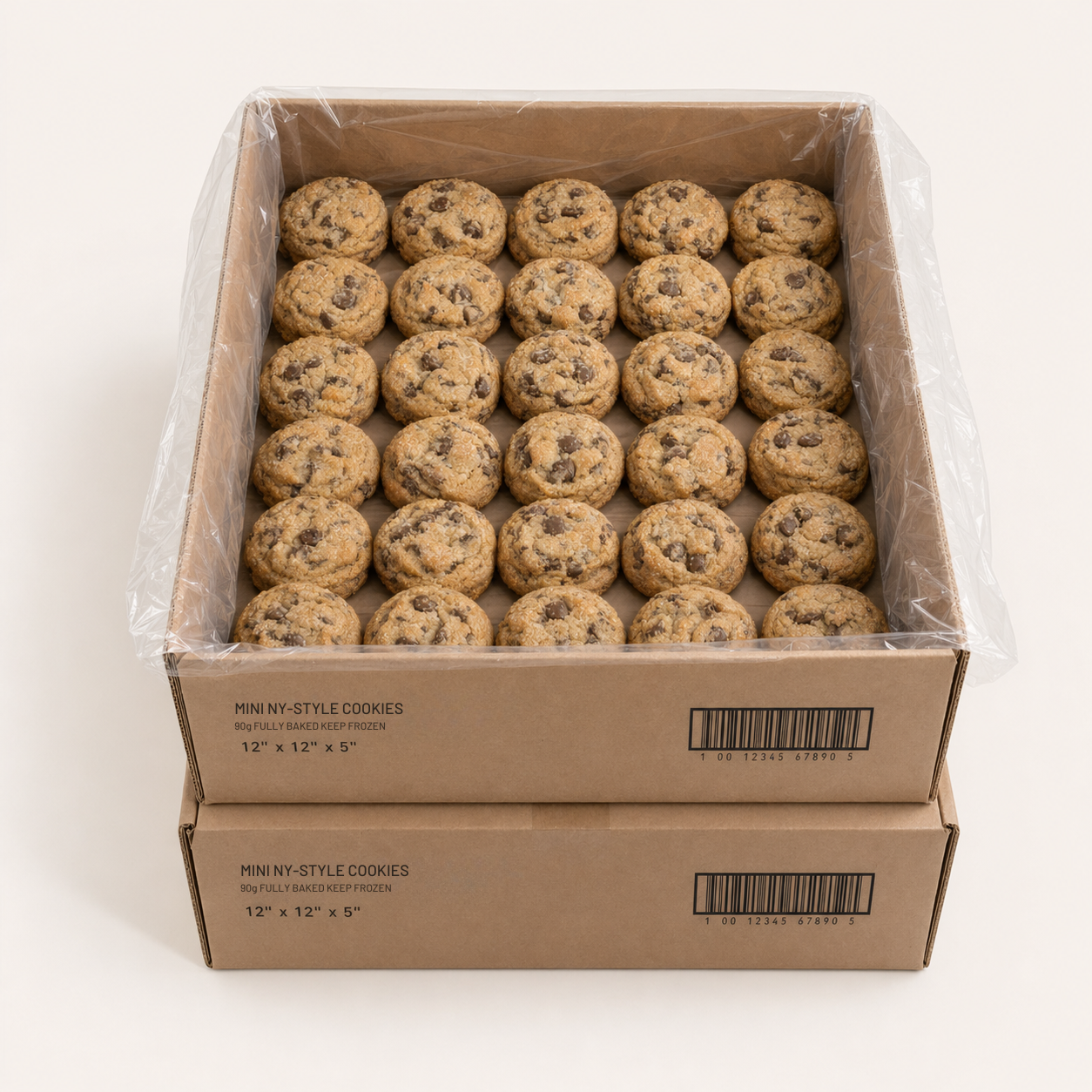 100 per flavour (85-90g baked and frozen cookies)